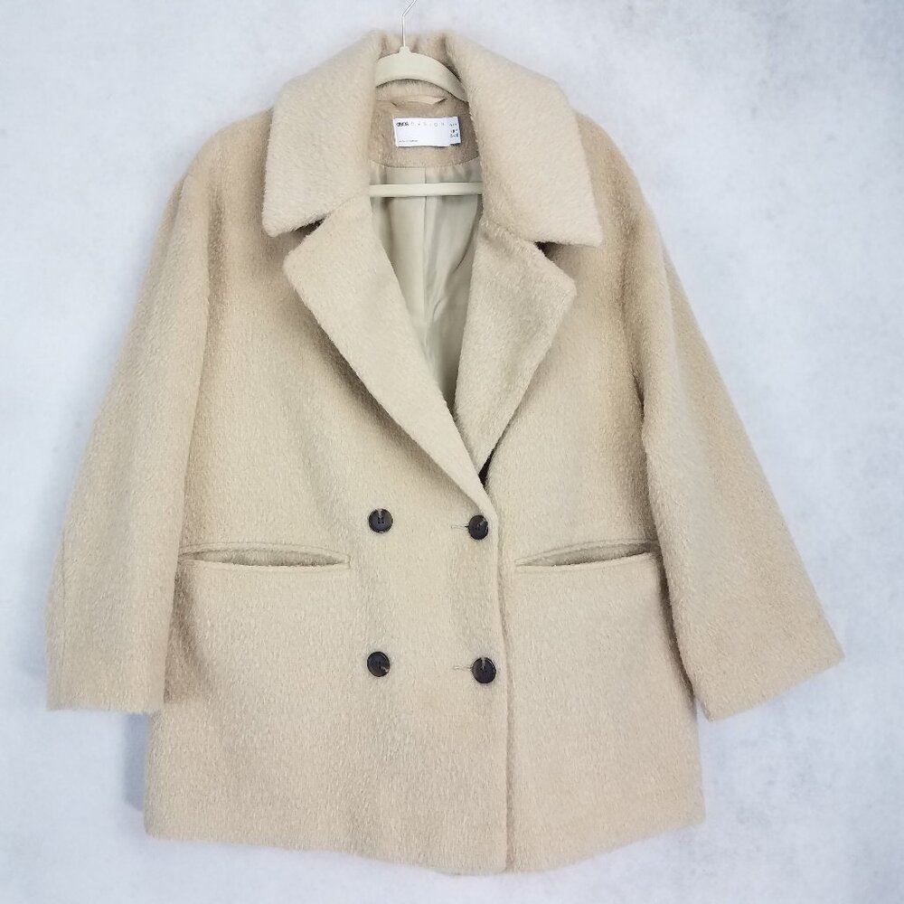 Asos Design Double Breasted Pea Coat Overcoat Beige Tan Brushed Fall Petite 6